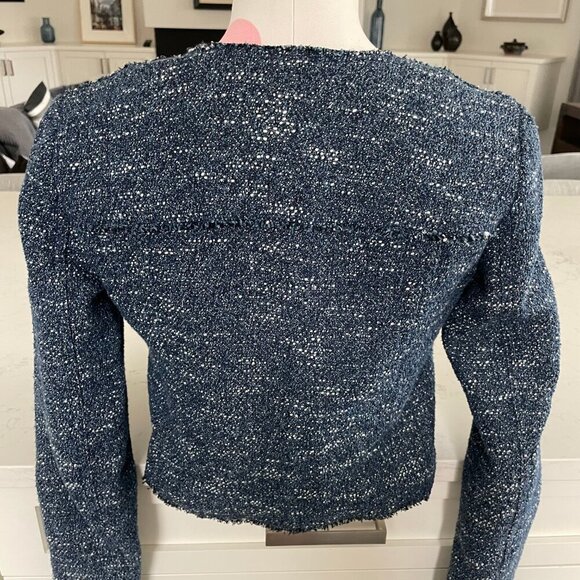 Theory Ualana Raw-Cut Edges Lined Cotton Viscose Open Jacket Indigo Tweed Sz 0 - Picture 5 of 10